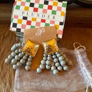 Plunder Gold Square Stud Earrings with Gray Beads